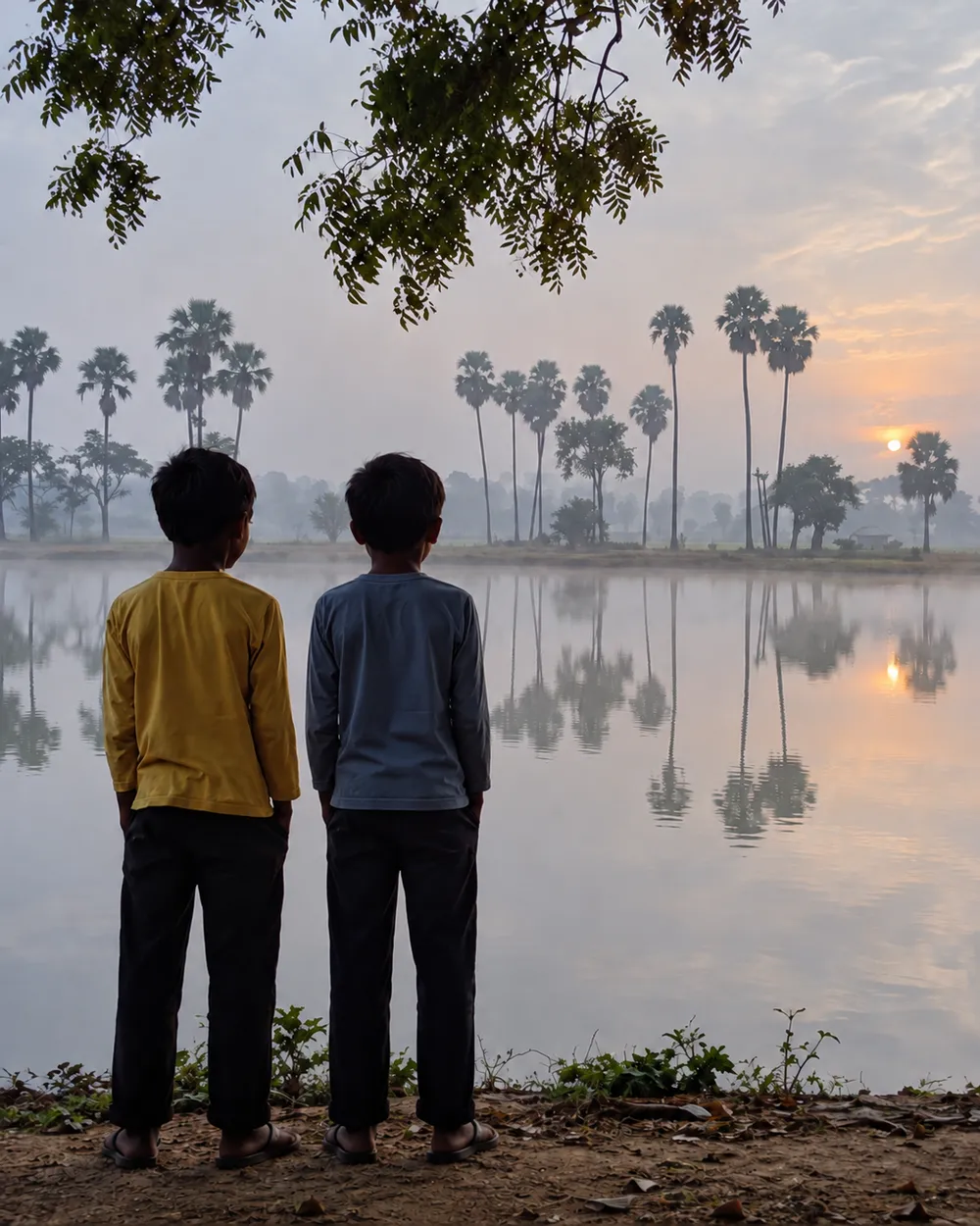 Two boys standing by a lake at sunrise with palm trees reflected in the water