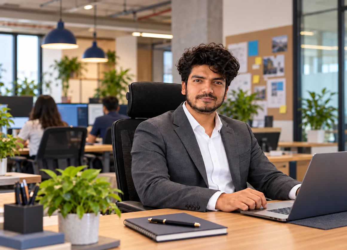Md. Noorain, Chief Technical Officer, seated at his desk with a laptop in an open-plan office