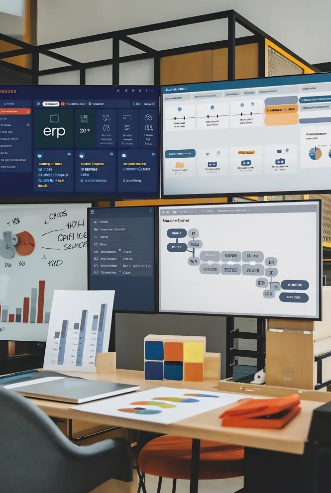 Office desk with screens showing ERP dashboards and workflow diagrams