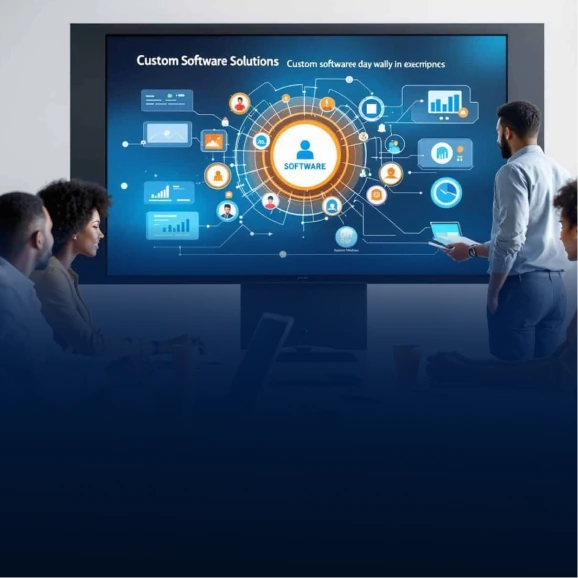 Team watching a large screen showing a custom software solutions diagram with icons