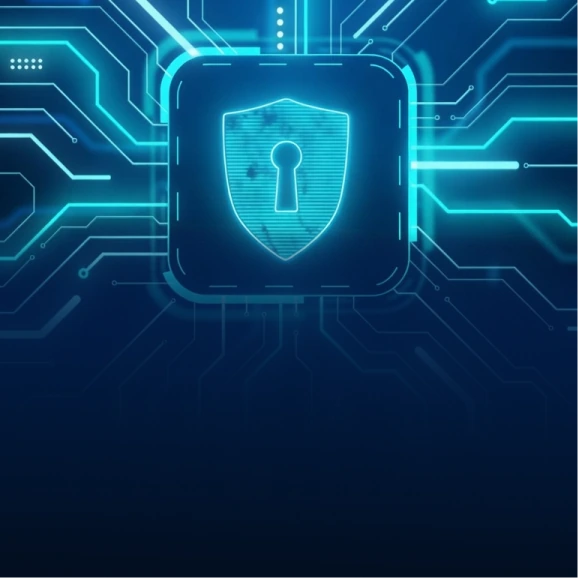 Glowing cyan security shield with keyhole on a dark blue digital circuit board