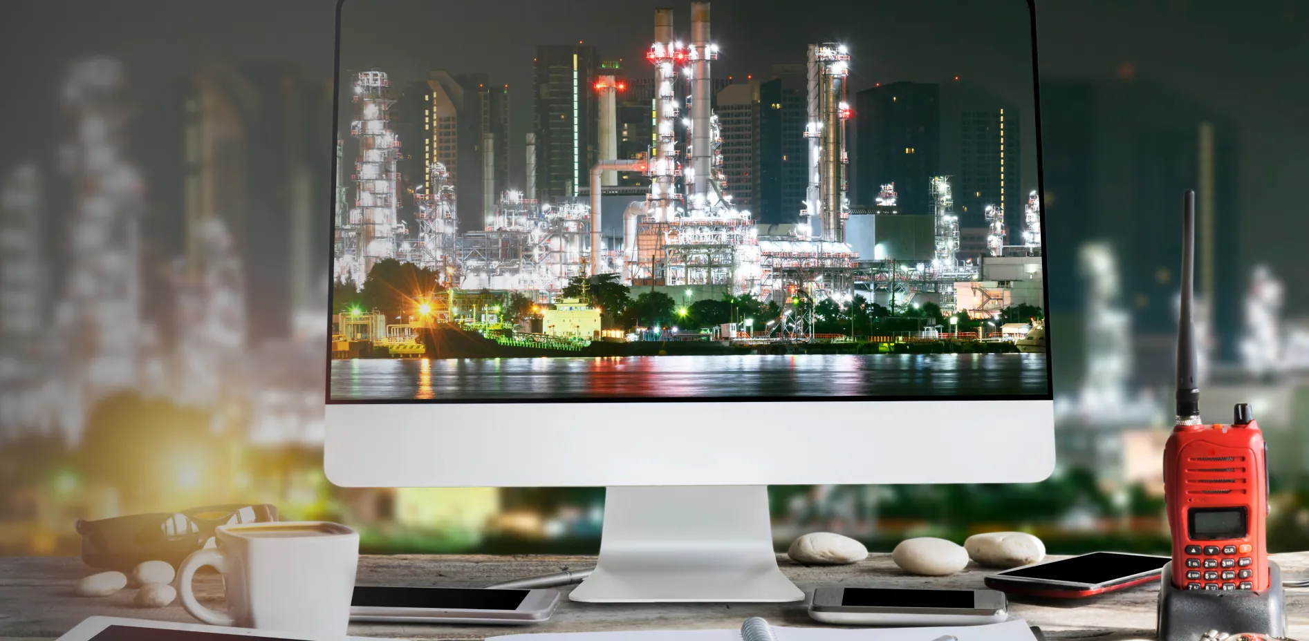 Desktop monitor showing an industrial plant at night
