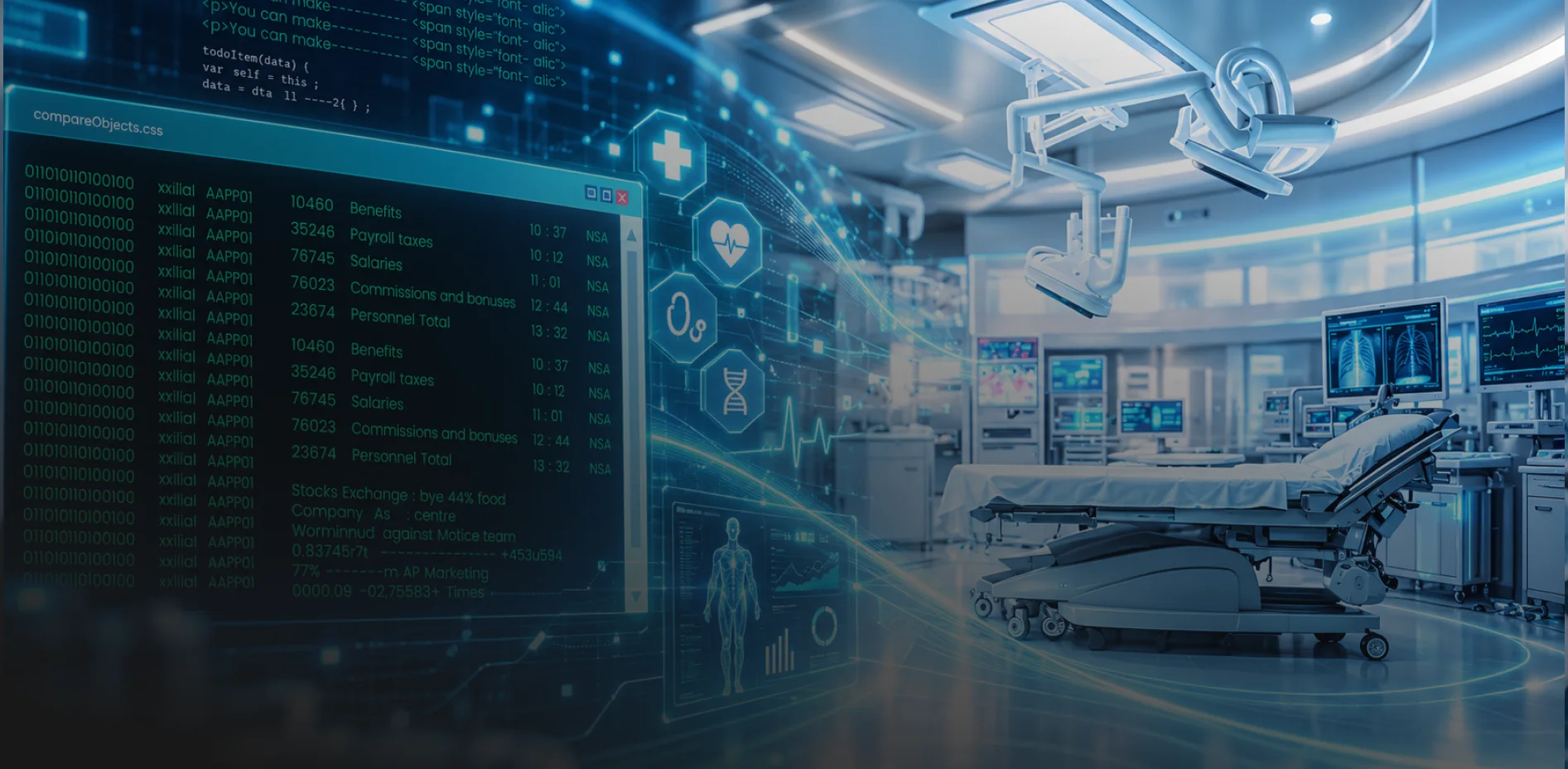 Modern operating room with digital health data overlays and a hospital information screen