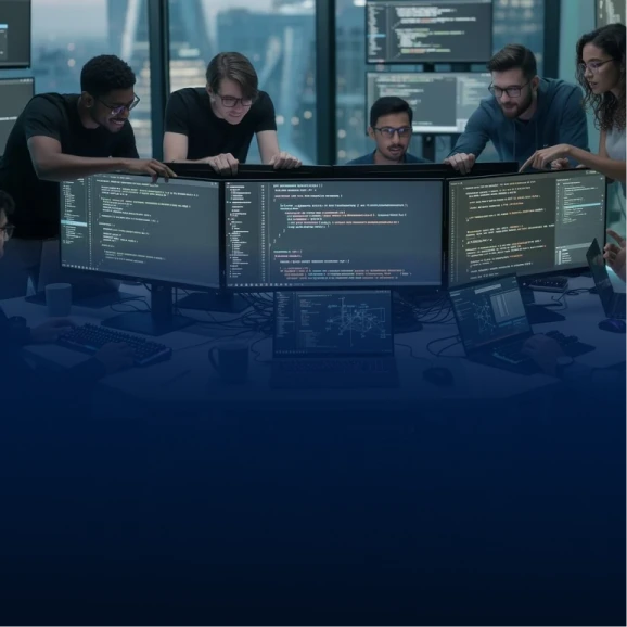 Five developers leaning over monitors displaying code in a dark tech office