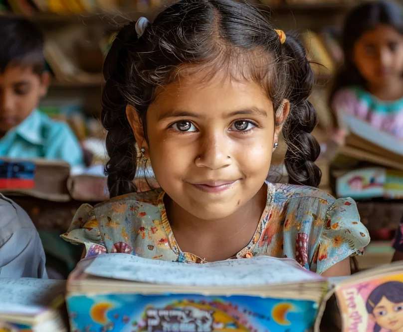 Smiling schoolgirl sitting behind a stack of books in a classroom