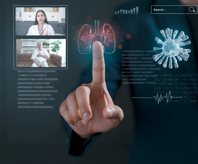 Hand touching a digital health dashboard with telemedicine video calls