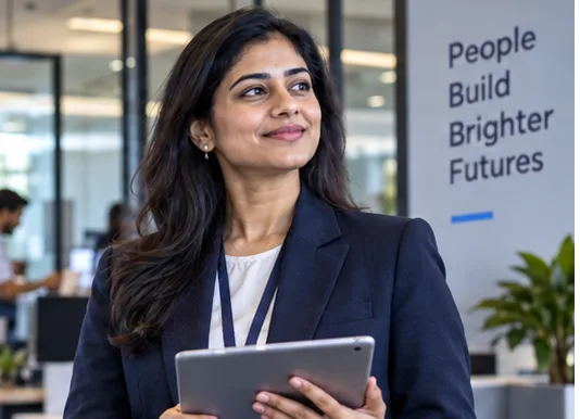 Smiling businesswoman in a navy suit holding a tablet in a modern office