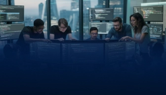 Five tech professionals collaborating around monitors with code in a blue-lit room