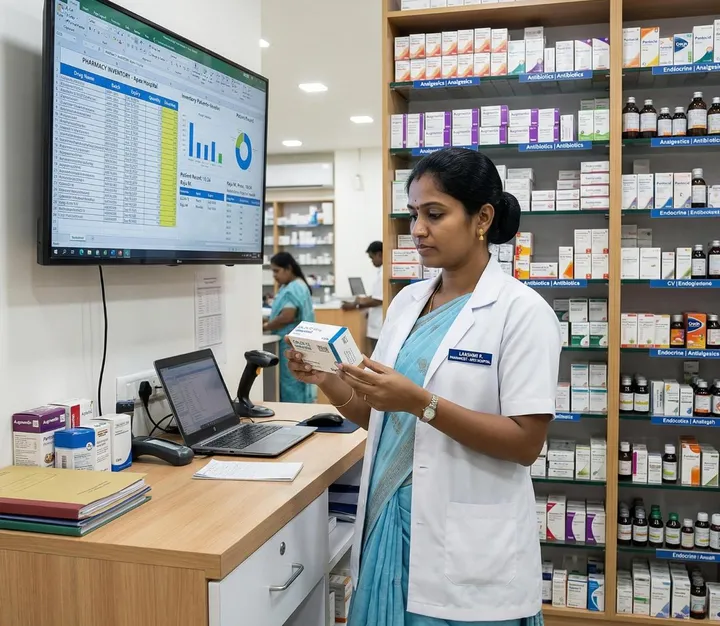 Nurse checking medicine stock beside a computer dashboard