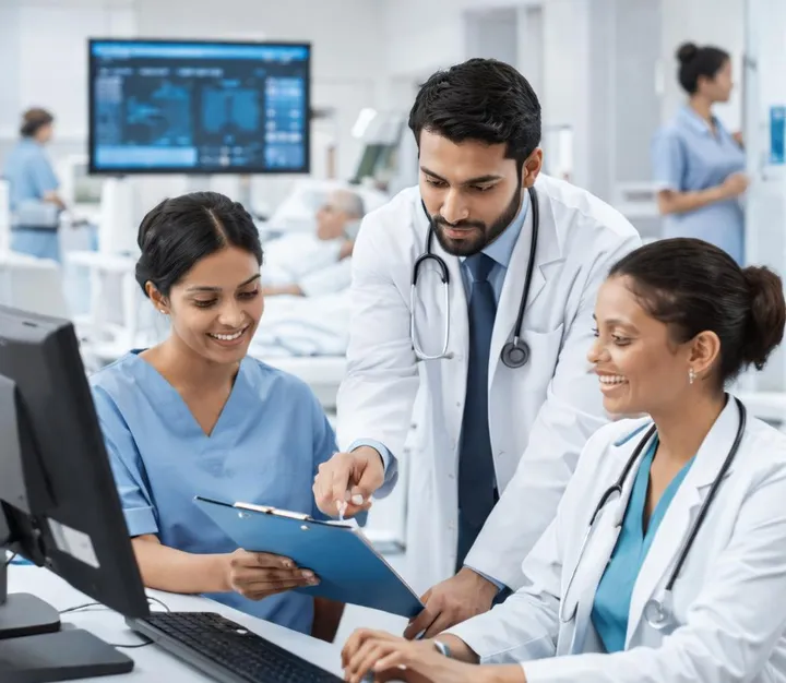 Doctor and nurses reviewing a patient file together