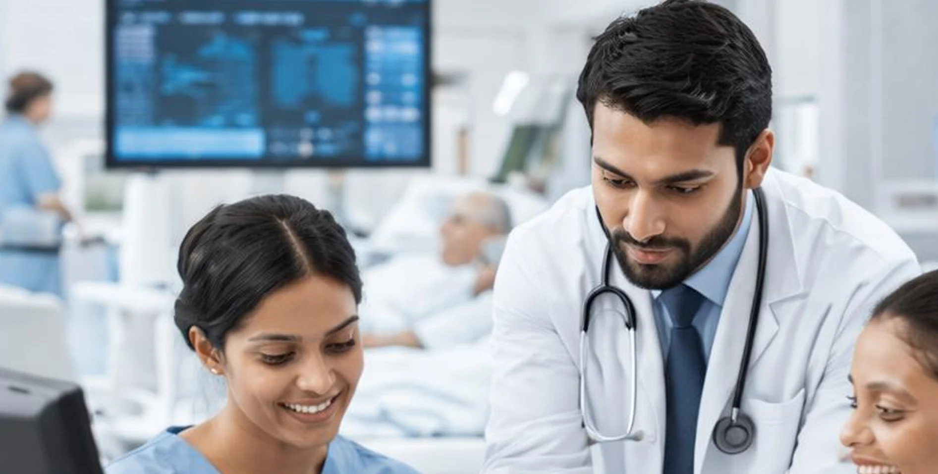 Doctor and nurses smiling while reviewing information together at a hospital workstation