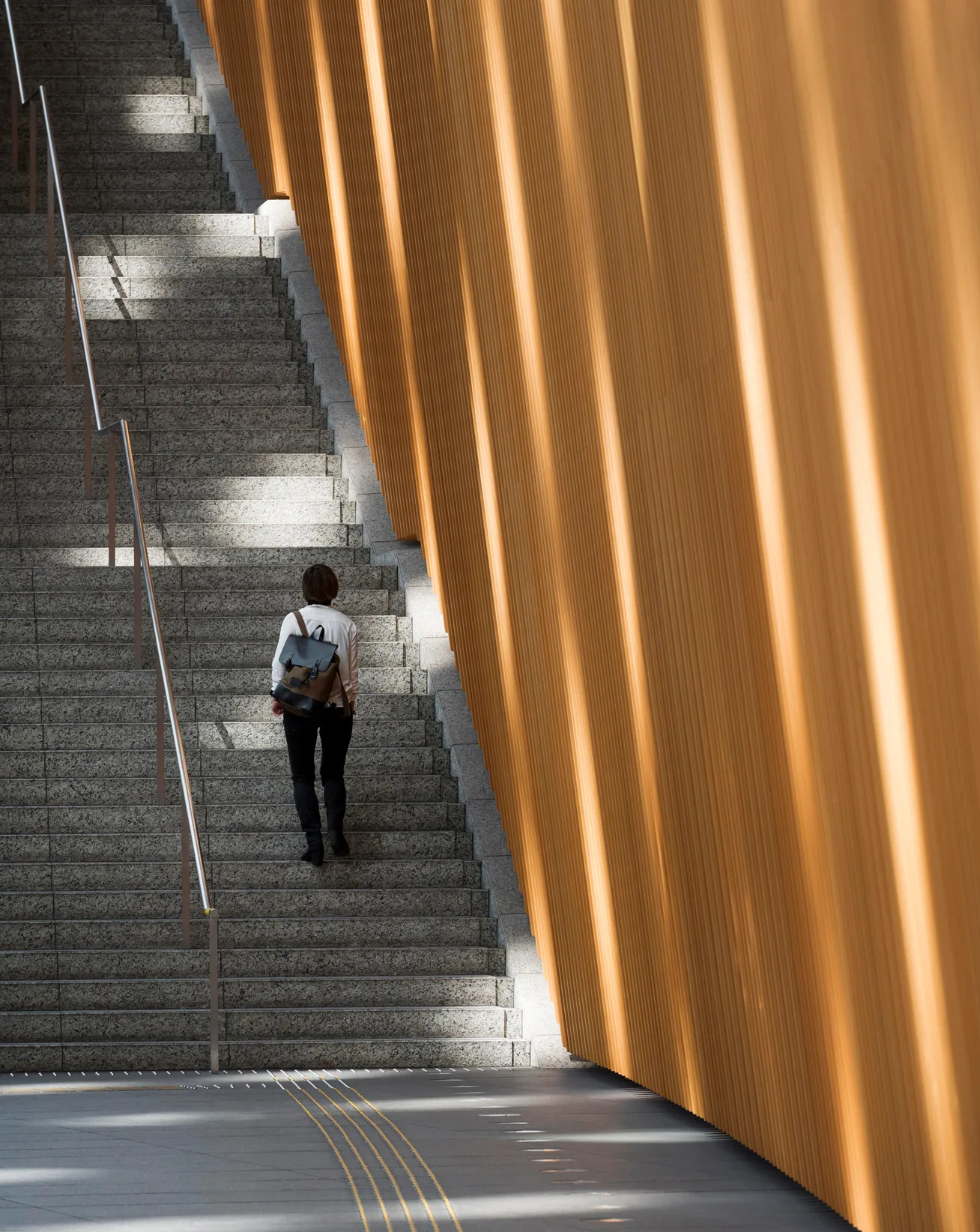 Person with a backpack climbing a wide granite staircase beside a tall wall of warm wooden slats