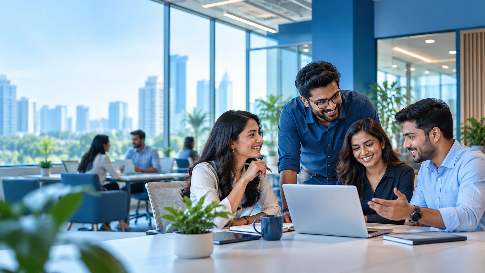 Four smiling colleagues gathered around a laptop in a bright open-plan office with a city view