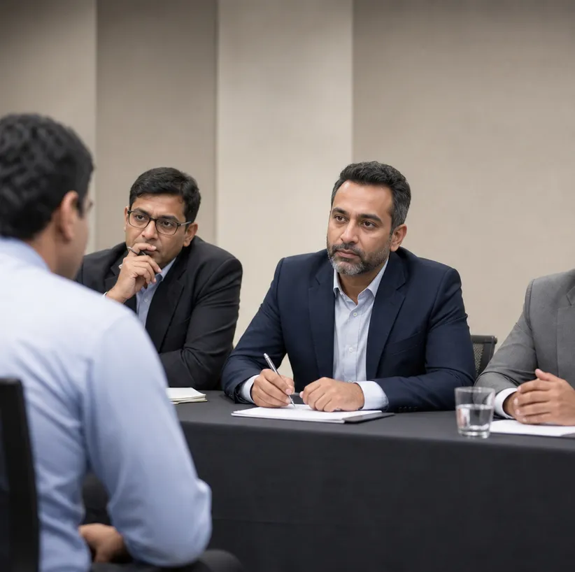Interview panel of three managers listening to a candidate